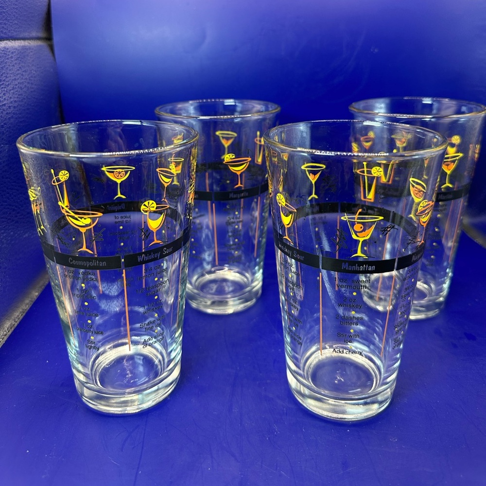 MCM Libbey Bartender Mix Recipe Glasses, 7 classic drinks featured, set of 4